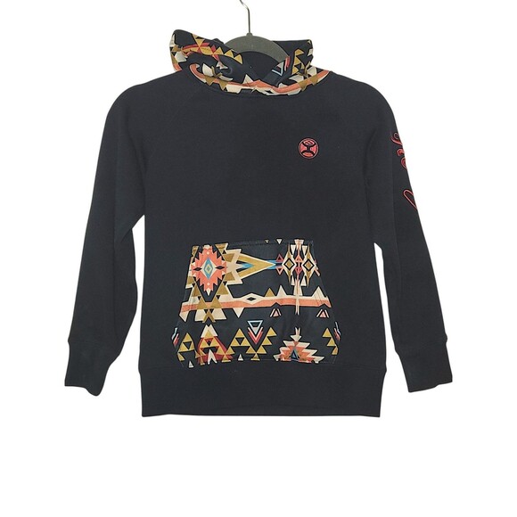 Hooey Sweatshirt Youth M Black Aztec Design Hoodie W/ Logo Sleeve & Pouch - Picture 1 of 6